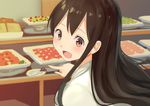  :d akagi_(kantai_collection) blush bread brown_eyes brown_hair commentary_request food highres japanese_clothes kantai_collection long_hair masukuza_j open_mouth pointing scissors smile solo sushi 