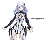  armpit_cutout beatless blue_eyes bodysuit breasts bridal_gauntlets cancell cleavage cleavage_cutout english highres leicia long_hair looking_at_viewer mecha_musume medium_breasts reaching_out silver_hair simple_background smile solo standing 