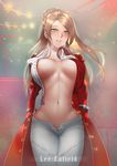  absurdres blush braid breasts buttons center_opening character_name coat girls_frontline glowing green_eyes highres kimjunho large_breasts lee-enfield_(girls_frontline) long_coat long_hair navel no_bra no_panties open_clothes open_coat open_mouth pants red_coat star starry_background stomach 