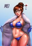  artist_name bikini black-framed_eyewear blue_background blue_bikini blue_gloves breasts brown_eyes brown_hair character_name coat collarbone commentary_request copyright_name cowboy_shot fur-trimmed_jacket fur_coat fur_trim glasses gloves gradient gradient_background grey_background hair_bun hair_ornament hair_stick highres jacket large_breasts lips lipstick logo long_sleeves looking_at_viewer makeup mei_(overwatch) navel nose open_clothes open_coat overwatch red_lipstick short_hair signature snowflake_hair_ornament solo songmal string_bikini sweat swimsuit swimsuit_under_clothes undressing winter_clothes winter_coat 