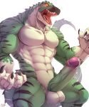  abs anthro balls claws dinosaur erection hi_res humanoid_penis male muscular muscular_male nude open_mouth penis precum rabbity reptile scalie simple_background solo teeth theropod typhek tyrannosaurid tyrannosaurus tyrannosaurus_rex vein white_background 