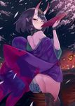 ass bare_shoulders cup drinking fate/grand_order fate_(series) headpiece highres horns japanese_clothes kimono night no_panties ohland oni oni_horns open_clothes open_kimono purple_hair sakazuki short_eyebrows shuten_douji_(fate/grand_order) thighhighs 