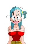  1girl 80s breasts bulma dragon_ball game_cg green_hair happy highres large_breasts long_hair open_mouth ponytail smile yamamoto_doujin 