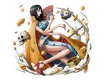  black_hair blue_dress blue_eyes bodskih breasts cleavage cleavage_cutout dress fan high_heels holding holding_fan large_breasts long_hair looking_at_viewer nico_robin one_piece red_footwear shiny shiny_skin shoes skull sleeveless sleeveless_dress solo sword transparent_background weapon 