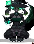  1girl animal_ears book bowtie breasts claws dog_ears dog_tail fur glasses green_eyes green_hair green_sclera grey_hair hand_on_hip hellhound legwear monster_girl monster_girl_encyclopedia open_mouth reddgeist skull slit_pupils solo squatting thong twintails two-tone_hair witch_hat 