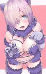  animal_ears bare_shoulders blue_eyes blush breasts chikuwa_(garakuta_waakusu) commentary_request cowboy_shot dangerous_beast elbow_gloves fate/grand_order fate_(series) fur_trim gloves hair_over_one_eye halloween_costume highres large_breasts lavender_hair leaning_forward looking_at_viewer mash_kyrielight o-ring o-ring_top open_mouth purple_gloves revealing_clothes short_hair solo thighhighs wolf_ears 