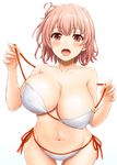  :d absurdres bangs bare_shoulders bikini blush breast_lift breasts collarbone commentary_request covered_nipples cowboy_shot eyebrows_visible_through_hair hair_bun highres huge_breasts inanaki_shiki looking looking_at_viewer navel open_mouth orange_eyes orange_hair pulled_by_self red_ribbon ribbon short_hair side-tie_bikini simple_background smile solo standing stomach strap_pull swimsuit tareme unaligned_breasts upper_teeth white_background white_bikini yahari_ore_no_seishun_lovecome_wa_machigatteiru. yuigahama_yui 