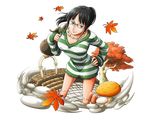  autumn_leaves black_hair blue_eyes bodskih collarbone floating_hair glasses hand_on_hip jewelry leaning_forward long_hair looking_at_viewer necklace nico_robin one_piece one_piece:_strong_world ponytail shiny shiny_skin smile solo standing striped striped_sweater sweater transparent_background 