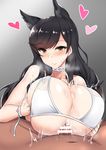  1girl animal_ears atago_(azur_lane) azur_lane bangs bar_censor bare_shoulders bikini black_hair blush breast_squeeze breasts brown_eyes censored closed_mouth clothed_female_nude_male cum cum_on_body cum_on_breasts cum_on_upper_body ejaculation_between_breasts eyebrows_visible_through_hair futoshi heart hetero huge_breasts looking_at_viewer navel nude paizuri penis smile solo_focus swept_bangs swimsuit tsurime white_bikini 