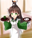  :d ama_usa_an_uniform animal animal_on_head anko_(gochiusa) apron bangs blunt_bangs blurry brown_hair bunny bunny_on_head commentary cowboy_shot cup depth_of_field eyebrows_visible_through_hair flat_chest flower food gochuumon_wa_usagi_desu_ka? green_eyes green_kimono hair_flower hair_ornament highres holding holding_tray indoors japanese_clothes kimono long_hair long_sleeves looking_at_viewer maid_apron on_head open_mouth plate polka_dot_trim ribbon shin01571 smile striped striped_kimono tippy_(gochiusa) tray ujimatsu_chiya white_apron white_flower white_ribbon wide_sleeves wild_geese yunomi 