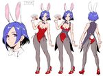  animal_ears ass bare_shoulders blue_eyes blue_hair breasts bunny_ears bunny_tail bunnysuit card cleavage coattails commentary concept_art detached_collar earrings full_body high_heels highres holding jewelry leotard looking_at_viewer medium_breasts multiple_views pantyhose short_hair simple_background standing strapless strapless_leotard tail taimanin_(series) taimanin_asagi_kessen_arena turnaround white_background wrist_cuffs zol 