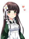  ama_usa_an_uniform apron bad_id bad_pixiv_id bangs blunt_bangs blush breasts brown_hair closed_mouth commentary_request eyebrows_visible_through_hair flower gochuumon_wa_usagi_desu_ka? green_eyes green_kimono hair_flower hair_ornament heart highres japanese_clothes kimono long_hair long_sleeves looking_at_viewer maid_apron medium_breasts ribbon shitosan simple_background smile solo ujimatsu_chiya upper_body white_apron white_background white_flower white_ribbon wide_sleeves 