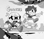  30s belt chain chibi commentary crossover cuphead cuphead_(game) d: eyebrows_visible_through_hair fate/grand_order fate_(series) finger_gun flying_sweatdrops fujimaru_ritsuka_(male) fusion gloves greyscale grin long_sleeves maru_show medium_hair monochrome mugman multiple_boys oldschool open_mouth pac-man_eyes running sakata_kintoki_(fate/grand_order) shorts smile sunglasses 