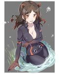  absurdres animal_ears breasts brown_eyes brown_hair cleavage collarbone extra_ears grey_background highres hippopotamus_(kemono_friends) hippopotamus_ears kemono_friends long_hair looking_at_viewer medium_breasts multicolored_hair partially_submerged sangatsu_(sangatsu_05) smile solo wet wet_clothes wet_hair 