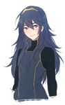  bangs blue_eyes blue_hair breasts fire_emblem fire_emblem:_kakusei freckles jewelry long_hair looking_at_viewer lucina simple_background small_breasts smile solo tiara tusia upper_body white_background 