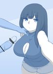  :/ after_paizuri bangs black_hair blue blunt_bangs blush breasts censored cleavage_cutout closed_mouth collarbone cum cum_on_body cum_on_breasts cum_on_upper_body ekz_(drawfag) erection eyebrows_visible_through_hair hand_on_another's_shoulder highres large_breasts long_hair looking_at_viewer monochrome mosaic_censoring original penis pov shirt short_shorts shorts sketch sleeveless sleeveless_shirt solo_focus 