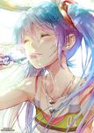  blue_hair bottle closed_eyes collarbone commentary_request drinking ek_masato eyebrows_visible_through_hair hatsune_miku highres jewelry long_hair necklace solo sweat twintails vocaloid water wet 