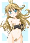  1girl blonde_hair blush charlotta_(granblue_fantasy) closed_mouth collarbone cowboy_shot crossed_arms crown elbow_gauntlets eyebrows_visible_through_hair female flat_chest gauntlets gluteal_fold granblue_fantasy hair_between_eyes jewelry long_hair looking_at_viewer murasaki_(konekomilk) navel nipples nude outside_border petite pointy_ears pussy solo standing uncensored white_background 