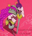  absurdres boots cape character_name charlotte_cracker gloves hair_bun highres living_(pixiv5031111) male_focus one_piece pink_background purple_hair scar shirtless simple_background solo sword teeth weapon 