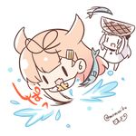  2girls :d basket bow chibi commentary_request dress fang fish fishing hair_bow hair_flaps hair_ornament hair_ribbon hairclip kantai_collection lifting light_brown_hair long_hair momoniku_(taretare-13) multiple_girls northern_ocean_hime open_mouth remodel_(kantai_collection) ribbon saury scarf shinkaisei-kan simple_background sketch smile translation_request twitter_username white_background white_dress white_hair white_skin yuudachi_(kantai_collection) |_| 