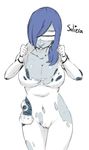  blue_hair bodysuit breasts character_name closed_mouth curvy dark_skin long_hair midnitez mirin_(pokemon) monochrome pokemon pokemon_(game) pokemon_usum smile torn_clothes ultra_recon_squad_uniform white_background 