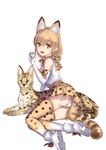  absurdres animal_ears ass blonde_hair bow bowtie elbow_gloves full_body gloves highres kemono_friends looking_at_viewer looking_back miniskirt open_mouth panties serval serval_(kemono_friends) serval_ears serval_print serval_tail shi_yu_mu_yun shirt short_hair sitting skirt sleeveless sleeveless_shirt solo tail thighhighs underwear white_background white_panties white_shirt yellow_eyes yokozuwari 