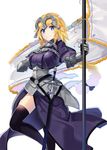  armor armored_dress blonde_hair blue_eyes braid capelet cowboy_shot dress fate/apocrypha fate_(series) faulds flag gauntlets headpiece highres jeanne_d'arc_(fate) jeanne_d'arc_(fate)_(all) long_hair looking_at_viewer rin_falcon simple_background solo standard_bearer sword thighhighs weapon white_background 