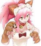  animal_ears bell bell_collar breasts cleavage collar fate/extra fate/extra_ccc fate/grand_order fate_(series) fox_ears gloves hair_ribbon kinpun_(fgxdw447) large_breasts long_hair looking_away open_mouth paw_gloves paws pink_hair ponytail ribbon simple_background solo tamamo_(fate)_(all) tamamo_cat_(fate) traditional_media upper_body watercolor_(medium) white_background yellow_eyes 