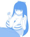  1girl bangs bar_censor blue blunt_bangs bow breasts censored clenched_hands closed_mouth collarbone cropped_torso cum cum_on_body cum_on_breasts cum_on_hair cum_on_upper_body ekz_(drawfag) erection facial from_above frown hair_bow hetero highres huge_breasts long_hair looking_at_viewer male_pubic_hair monochrome paizuri panty_&amp;_stocking_with_garterbelt penis pubic_hair sketch solo_focus stocking_(psg) striped_bikini_top white_background 