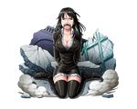  arms_behind_back black_dress black_footwear black_hair blue_eyes bodskih boots breasts cleavage collarbone crying dress large_breasts long_hair looking_at_viewer nico_robin one_piece open_mouth short_dress sitting solo tears thigh_boots thighhighs transparent_background 