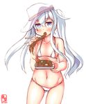  alternate_hairstyle artist_logo ass_visible_through_thighs bikini blue_eyes chopsticks cowboy_shot dated eating flat_cap flat_chest food hammer_and_sickle hat hibiki_(kantai_collection) highres holding holding_chopsticks kanon_(kurogane_knights) kantai_collection long_hair looking_at_viewer micro_bikini mouth_hold noodles silver_hair simple_background solo swimsuit twintails verniy_(kantai_collection) white_background white_bikini white_hat yakisoba 