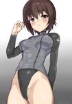  :o arm_behind_back bangs black_swimsuit blush breasts brown_eyes brown_hair commentary_request cowboy_shot eyebrows_visible_through_hair girls_und_panzer gradient gradient_background grey_background groin hand_up highleg hips iron_cross kanno_(user_tgnd4488) long_sleeves looking_at_viewer medium_breasts nishizumi_maho one-piece_swimsuit parted_lips rash_guard short_hair signature solo standing swimsuit swimsuit_under_clothes 