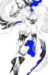  armor ass closed_eyes fate/grand_order fate_(series) from_behind greaves highres leaning_back long_hair long_sleeves meltlilith monochrome outstretched_arms parted_lips puffy_sleeves simple_background sleeves_past_wrists solo spot_color tenobe thighhighs tied_sleeves very_long_hair white_background 