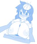  1girl amano_megumi amano_megumi_wa_suki_darake! areolae arm_grab blue blush breasts breasts_outside ear_blush ekz_(drawfag) erection fang_out hetero highres huge_breasts inverted_nipples large_areolae long_sleeves male_pubic_hair monochrome nipples nose_blush paizuri penis pubic_hair sketch solo_focus squiggle sweat twintails upper_body wavy_mouth white_background 