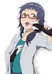  1girl finger_to_mouth glasses hand_in_mouth hand_on_another&#039;s_chest open_mouth purple_hair red-framed_glasses scientist seikaisuru_kado shinawa_kanata side_ponytail teeth yaha-kui_zashunina yellow_eyes 
