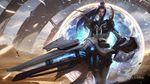  arch armor artist_request badge blue_eyes blue_hair blurry blurry_background bodysuit breasts bright_pupils caitlyn_(league_of_legends) closed_mouth cloud cloudy_sky copyright_name day debris depth_of_field glowing gun high_ponytail holding holding_gun holding_weapon huge_weapon league_of_legends light_particles long_hair looking_at_viewer medium_breasts official_art outdoors ponytail portal_(object) pulsefire_caitlyn rifle science_fiction sky standing walking weapon 
