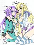  2girls blonde_hair blue_eyes blush braid breasts cleavage cosplay costume_switch female hair_ornament large_breasts long_hair looking_at_each_other multiple_girls neptune_(series) open_mouth purple_hair purple_heart tied_hair tsunako twin_braids vert 