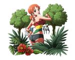  ass black_shorts bodskih bracelet breasts brown_eyes cowboy_shot crop_top flower from_behind hand_on_hip hibiscus jewelry large_breasts looking_at_viewer looking_back nami_(one_piece) one_piece one_piece:_strong_world open_mouth orange_hair red_flower short_hair short_shorts short_twintails shorts shoulder_blades solo standing striped swimsuit transparent_background tree twintails 