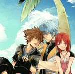  blue_eyes brown_hair closed_eyes gloves jewelry kairi_(kingdom_hearts) kingdom_hearts kingdom_hearts_ii multiple_boys necklace ramochi_(auti) red_hair riku short_hair silver_hair sora_(kingdom_hearts) 