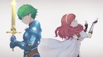  1girl alm_(fire_emblem) armor cape celica_(fire_emblem) closed_eyes elbow_gloves fire_emblem fire_emblem_echoes:_mou_hitori_no_eiyuuou fire_emblem_gaiden gauntlets gloves green_hair highres holding holding_sword holding_weapon red_hair simple_background sword weapon 