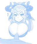  1girl aliza_(granblue_fantasy) blue blush bow breasts closed_mouth draph earrings ekz_(drawfag) erection granblue_fantasy hair_bow hair_pulled_back headpiece heart hetero highres horns huge_breasts jewelry long_hair looking_at_viewer monochrome paizuri paizuri_over_clothes paizuri_under_clothes penis pointy_ears sketch smile solo_focus uncensored veins veiny_penis white_background 