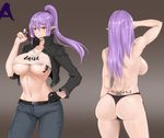  absurdres areola_slip areolae ass back back_tattoo belt black_gloves black_jacket black_panties breast_tattoo breasts caster contrapposto covered_nipples cowboy_shot crop_top denim fate/grand_order fate_(series) gloves hair_between_eyes hair_down highres jacket jeans large_breasts long_hair looking_at_viewer nail_polish navel open_clothes open_jacket panties pants pink_nails pointy_ears ponytail purple_hair red_eyes rosaline see-through single_glove smile standing sunglasses tattoo thighs thong topless tramp_stamp underwear 