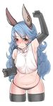  3: animal_ears arm_up armpits ass_visible_through_thighs black_bikini_bottom black_legwear blue_hair blush breasts brown_eyes clenched_hands closed_mouth cropped_legs earrings ekz_(drawfag) erune ferry_(granblue_fantasy) frilled_shirt frills granblue_fantasy highres jewelry leaning_forward long_hair medium_breasts navel nose_blush shirt simple_background sketch sleeveless sleeveless_shirt solo sweat thighhighs v-shaped_eyebrows very_long_hair white_background white_shirt 