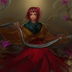  bangs bow commentary flower hair_flower hair_ornament hieda_no_akyuu inishie_kumo japanese_clothes kimono long_sleeves looking_at_viewer purple_eyes purple_hair scroll short_hair solo touhou wide_sleeves 