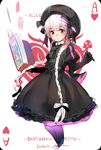  artist_name bangs beret black_dress black_gloves book braid card_(medium) dress elbow_gloves eyebrows_visible_through_hair fate/extra fate_(series) gloves hat highres holding holding_book isshiki_(ffmania7) juliet_sleeves long_hair long_sleeves nursery_rhyme_(fate/extra) open_book playing_card_theme puffy_sleeves purple_eyes signature solo standing twin_braids very_long_hair white_hair 