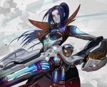  armor badge blue_eyes blue_hair bodysuit breasts breasts_apart caitlyn_(league_of_legends) contrapposto cowboy_shot debris gloves glowing grey_background gun holding holding_gun holding_weapon huge_weapon league_of_legends lee_jung_hun long_hair looking_at_viewer md5_mismatch medium_breasts pale_skin pants ponytail pulsefire_caitlyn rifle standing weapon 