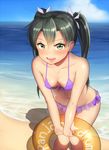  :d bare_shoulders beach bikini blush breasts collarbone day green_eyes green_hair hair_between_eyes holding innertube kantai_collection long_hair maku_ro ocean open_mouth outdoors purple_bikini small_breasts smile solo swimsuit twintails yellow_innertube zuikaku_(kantai_collection) 