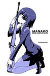  bangs blue blunt_bangs bolt_action business_suit collared_shirt copyright_name cyclops eyebrows_visible_through_hair formal from_side full_body gun high_heels holding holding_gun holding_weapon jacket kneeling long_sleeves looking_at_viewer looking_to_the_side manako monochrome monster_musume_no_iru_nichijou mosin-nagant necktie one-eyed pantyhose parted_lips pencil_skirt rifle shake-o shirt short_hair simple_background skirt solo suit twitter_username weapon white_background 