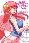 :d animal_ears ass bangs bare_arms bare_shoulders blue_shirt blush breasts butt_crack character_name dated eyebrows_visible_through_hair fang from_behind hair_ornament happy_birthday holding holding_skirt lamia large_breasts long_hair looking_at_viewer looking_back miia_(monster_musume) monster_girl monster_musume_no_iru_nichijou open_mouth partially_undressed pointy_ears scales shake-o shirt skirt skirt_removed sleeveless sleeveless_shirt slit_pupils smile solo standing translated twitter_username undressing very_long_hair yellow_eyes 