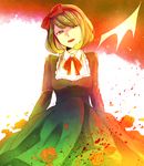  1girl blood danganronpa dress green_eyes green_hair hairband happy monaka_(danganronpa) open_mouth ribbon short_hair solo standing usami_(artist) zettai_zetsubou_shoujo 